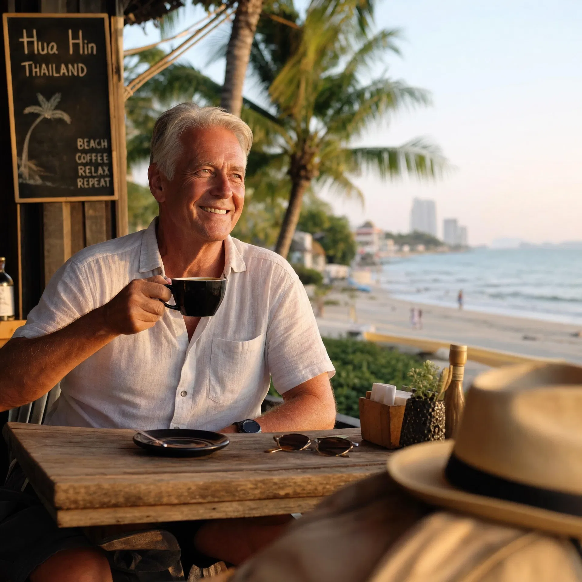 Retirees relaxing at a cafe in Hua Hin with trusted local support nearby